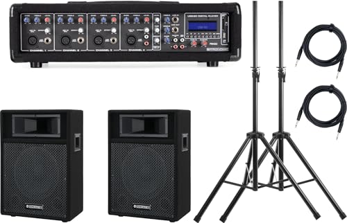 Pronomic PM42-110 StagePower Set Aktivanlage (4-Kanal 100 Watt Powermischer mit MP3-Player, 10" Boxen, Stative und Kabel) von Pronomic