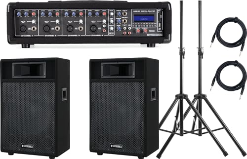 Pronomic PM42-115 StagePower Set Aktivanlage (4-Kanal 100 Watt Powermischer mit MP3-Player, 15" Boxen, Stative und Kabel) von Pronomic