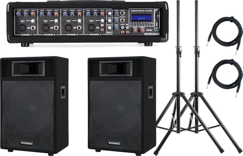 Pronomic PM42-115 StagePower Set Aktivanlage (4-Kanal 100 Watt Powermischer mit MP3-Player, 15" Boxen, Stative und Kabel) von Pronomic