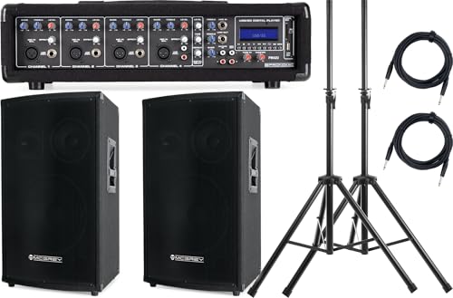 Pronomic PM42-Party StagePower Set (das Starke Partyset mit einem kompakten 4-Kanal-Powermischer mit MP3-Player, 2 12" Boxen mit 600W, 2 passenden Stativen aus Stahl & Boxenkabel) von Pronomic