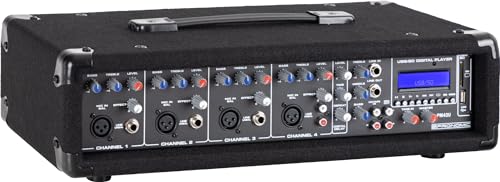 Pronomic PM42U MKII MP3 4-Kanal Powermischer - Mischpult mit Verstärker und integriertem USB/SD MP3-Player - 2x 100 Watt - Mic/Line/Instrument-Input - Powermixer mit 3-Band Graphic Equalizer von Pronomic