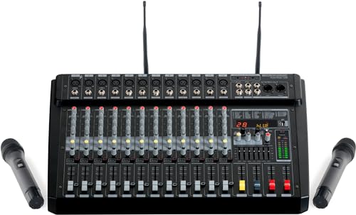 Pronomic Powermake 1200 Powermischer - 12-Kanal-Mischpult - 2 UHF-Funkmikrofone - 760 W RMS-Leistung - 24Bit Multi-Effekt-Prozessor - Bluetooth®/USB-Player/Recorder - Grafischer Equalizer - Schwarz von Pronomic