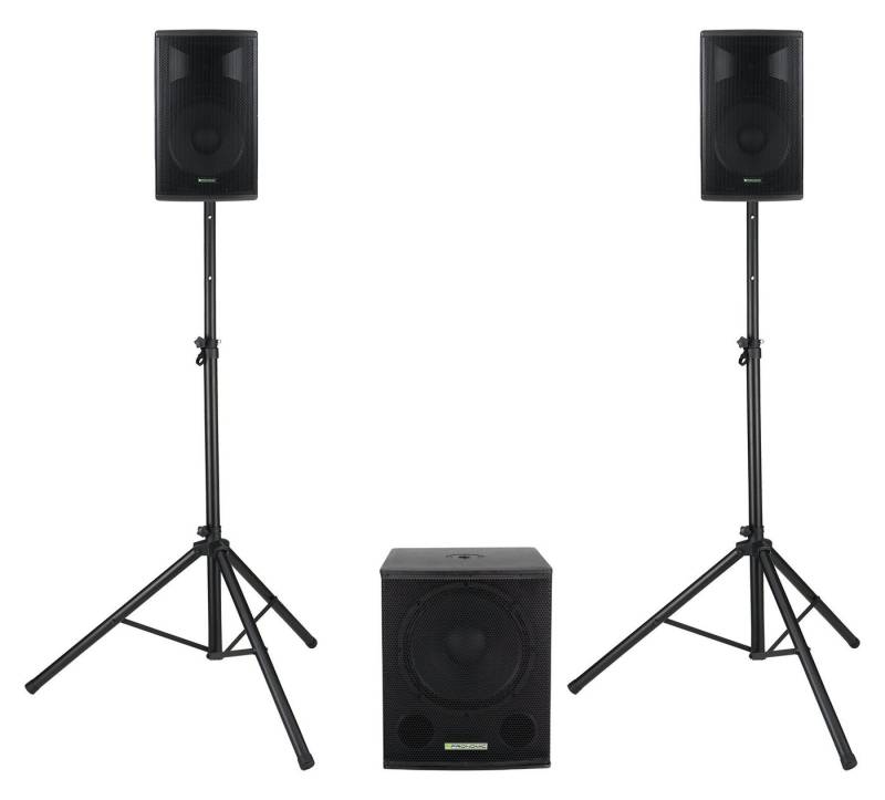 Pronomic Powerstage Economy 1510 2.1 Aktive PA-Anlage Lautsprecher (590 W, mit 1x 15"-Subwoofer und 2x 10"-Satelliten inkl. Stativen) von Pronomic