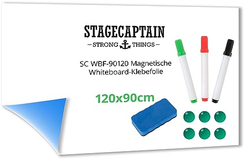 Stagecaptain WBF-90120 Magnetische Whiteboard-Klebefolie - Magnetische, beschreibbare Folie zum Ankleben - Größe: 90 x 120 cm - Inkl. Markern, Magneten und Trockenlösch-Schwamm - Weiß von Pronomic