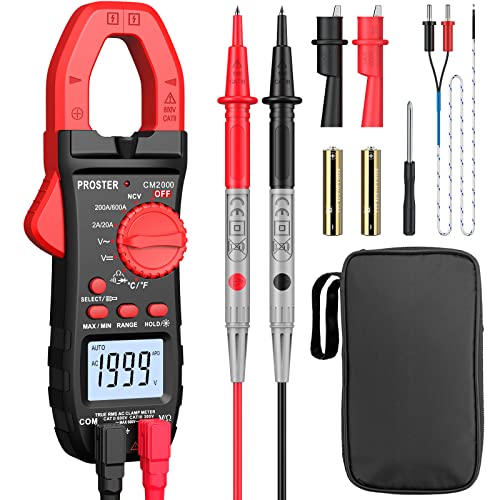 Proster Auto-Ranging Digitale Stromzange 2000 counts TRMS 600A AC-Strom AC/DC-Spannung Strommesszange Strommessgerät mit Licht für NCV Kontinuität Widerstand Temperatur Diode Hz-Test von Proster