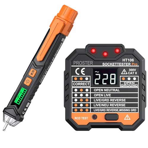 Proster Berührungsloser Spannungsprüfer Stift und Steckerprüfgerät Steckdosenprüfgerät mit Taschenlampe Vorinstallierte Batterie mit Ton und Lichtalarm Proster Berührungsloser Spannungsprüfer Stift und Steckerprüfgerät Steckdosenprüfgerät mit Taschenlampe Vorinstallierte Batterie mit Ton und Lichtalarm von Proster