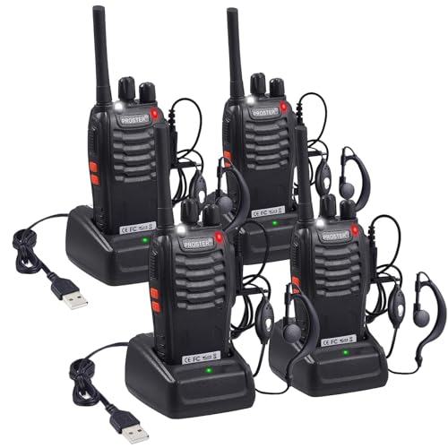 Proster Walkie Talkies 16 Kanäle PMR Funkgeräte mit Sprachaufforderung Wiederaufladbare mit USB-Ladegerät und Kopfhörer -Schwarz(2 Paar) von Proster