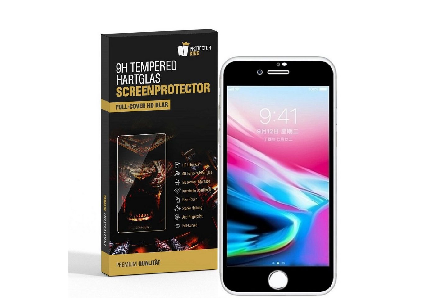 Schutzfolie 2x 9H Hartglasfolie für iPhone 8 Plus FULL COVER, (2-Stück, 1-Set), Hoch Quailitative FULL CURVED Temperiertes 9H Panzerglas HD ULTRA KLAR von Protectorking