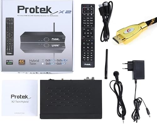 Protek X2 Combo 4K UHD 2160p H.265 HEVC E2 Linux WiFi 1x DVB-S2X 1x DVB-C/T2 Sat Receiver + MG-Technik HDMI-Kabel V2.0 Gold (Nachfolger vom X1 4K 9920 9910 9900 9770 9760 9720 9710 Protec) von Protek