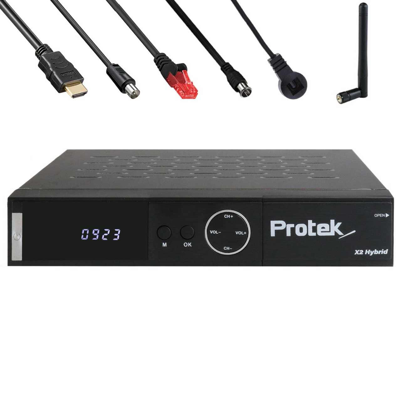 Protek X2 Combo-Receiver 4K UHD Linux WiFi 1xDVB-S2 1xDVB-C/T2 inkl. Antennen Koax- & Netzwerkkabel von Protek