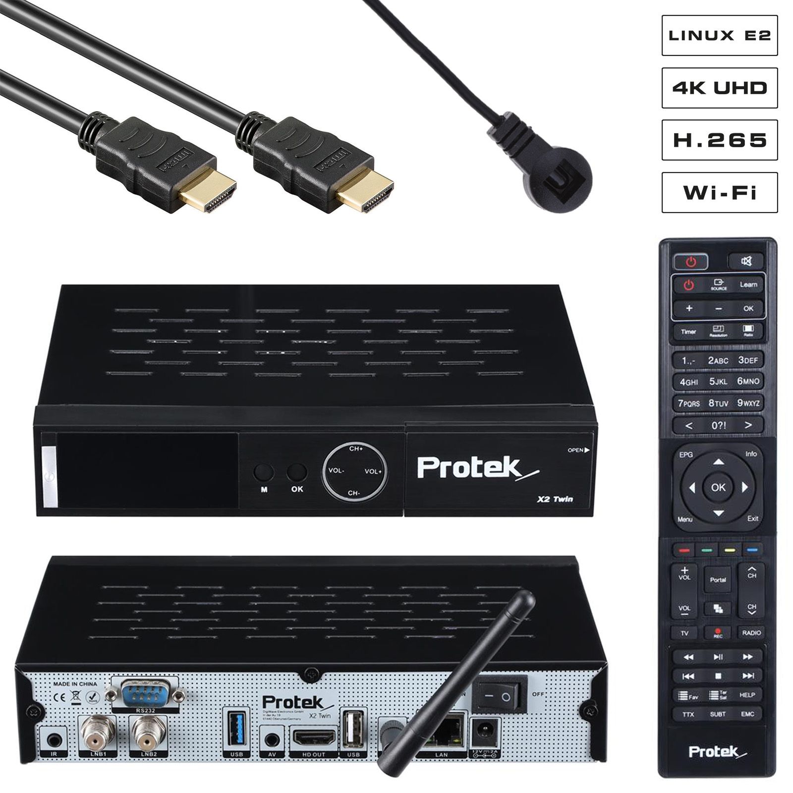 Protek X2 Twin 4K UHD 2160p H.265 HEVC E2 Linux 2.4 GHz WiFi 2x DVB-S2 Sat Receiver von Protek