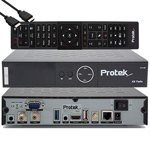 Protek X2 Twin SAT 4K - UHD HDR 2X DVB-S2 Twin Tuner, OpenATV E2 Linux Receiver, Smart TV-Box, YouTube, Aufnahmefunktion, Kartenleser, Media Player, USB 3.0, inklusive WiFi & EasyMouse HDMI-Kabel von Protek