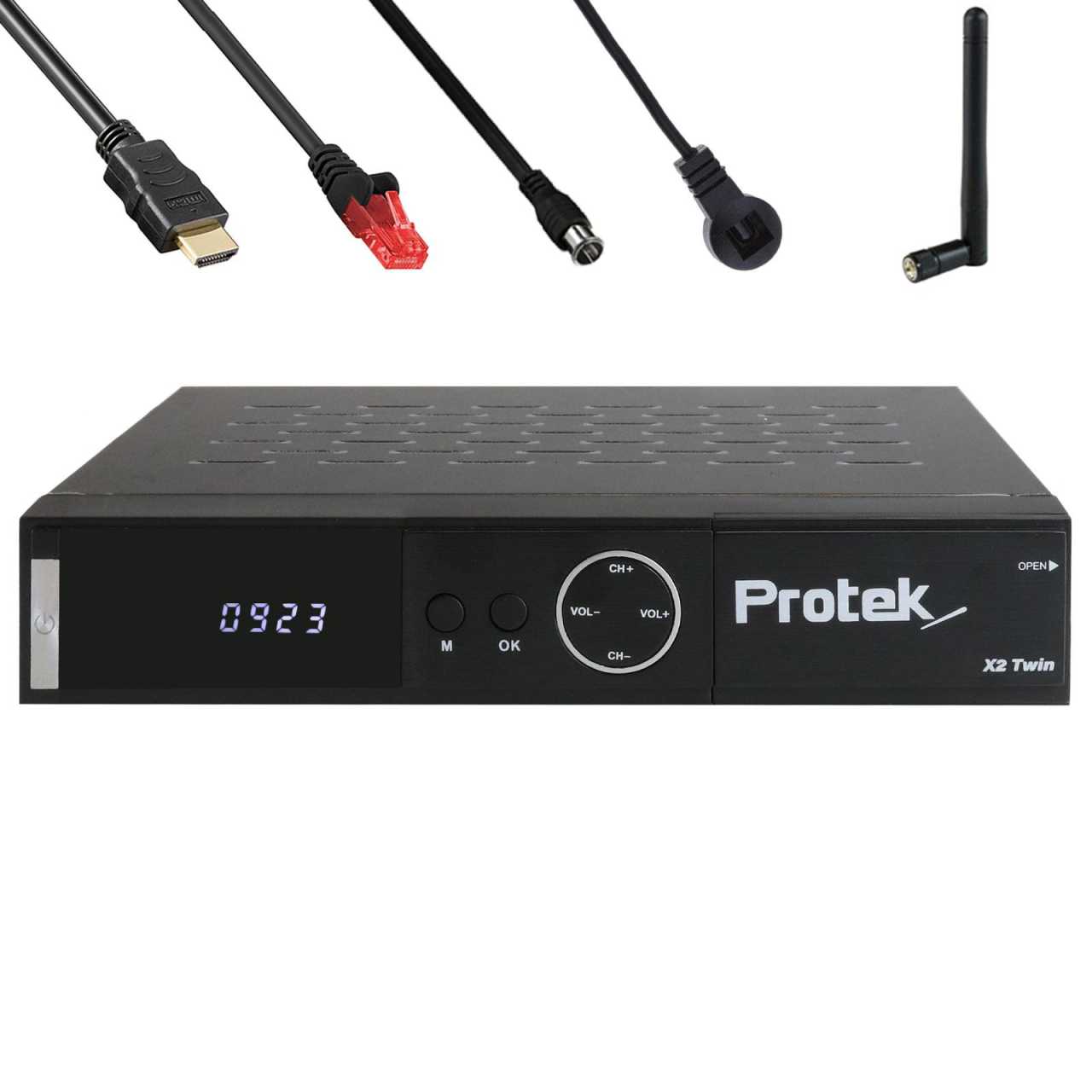 Protek X2 Twin-Sat-Receiver 4K UHD H.265 E2 Linux 2.4 GHz WiFi 2x DVB-S2 inkl. Koax- & Netzwerkkabel von Protek