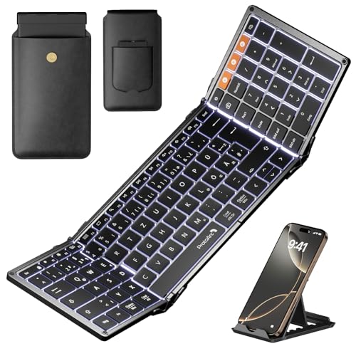ProtoArc Faltbare Tastatur Beleuchtet, XK01 Plus Bluetooth QWERTZ Klappbare Tastatur mit Ziffernblock, Kabellos iPad Tastatur mit 3 Kanälen für iOS Android Windows Laptop PC - Schwarz von ProtoArc