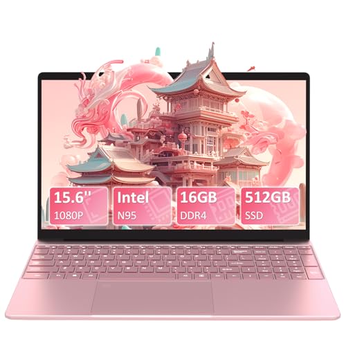 Pryloxen 15,6 Zoll Full-HD Laptop,16 GB DDR4 RAM 512GB SSD, N95 Up to 3.4GHz with Fingerprint Unlock Notebook, Cooling Fan, Webcam, Dual Speakers, Mini HDMI, Student/Business Laptop - Rosa von Pryloxen