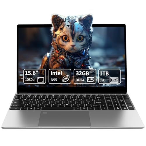 Pryloxen Laptop Computer with 32GB DDR4 1TB NVMe SSD, 15.6 Inch FHD IPS LCD, N95 Up to 3.4GHz with Fingerprint Unlock, Cooling Fan, Webcam, Dual Speakers, Mini HDMI, USB-A x 2, Business Laptop von Pryloxen