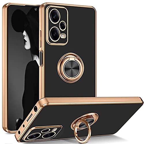 Handyhülle Galvanik für Xiaomi Redmi Note 12 5G Hülle Ring, 360 Grad Ring Ständer Magnetische, Schutzhülle Stoßfest Weiche TPU Silikon Ultra Dünn Überzug Case für Redmi Note 12 5G, Schwarzes Gold von Ptny