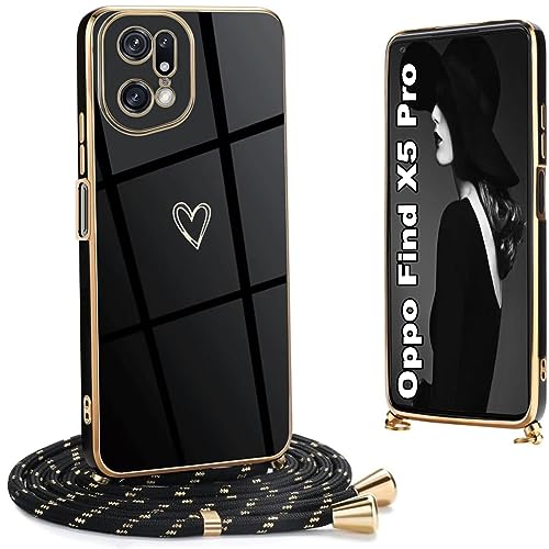 Ptny Hülle kompatibel Oppo Find X5 Pro, Galvanik TPU Silikon Ultra Dünn Stoßfeste Schutzhülle mit Einstellbar Handykette, Schwarz von Ptny