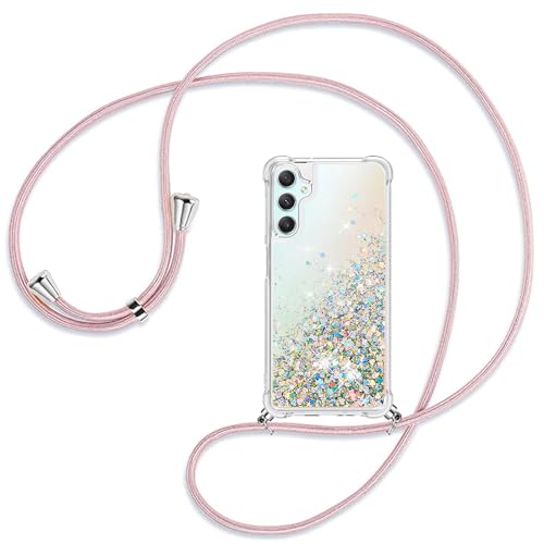 Ptny Hülle Kompatibel mit Samsung Galaxy A34 5G, Glitzer Treibsand Hülle mit Band, Transparent Stoßfest TPU Schutzhülle, für Samsung Galaxy A34 5G Frauen Hülle, Roségold von Ptny