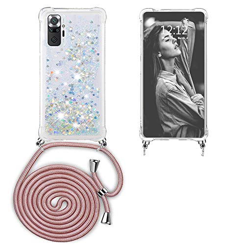 Handykette Hülle kompatibel mit Xiaomi Redmi Note 10 Pro Hülle mit Band zum Umhängen, Glitter Handyhülle Flüssig Treibsand, Handyhülle Dünn Stoßfest Silikon Transparent Hülle mit Kette von Ptny