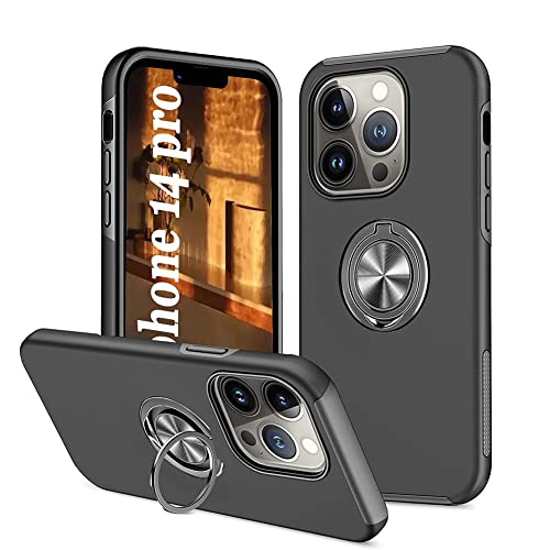 Hülle mit Ring Kompatibel mit iPhone 14 Pro Handyhülle, Schutzhülle Militärische Stoßfest Bumper TPU+PC, Case mit 360° Ring Magnetisch Ständer Hülle für iPhone 14 Pro, Schwarz von Ptny