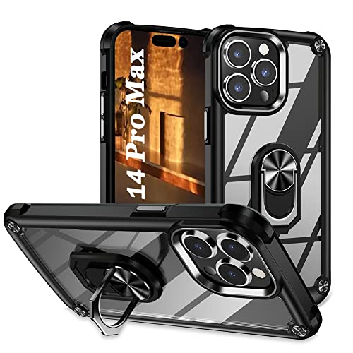 Hülle mit Ring Kompatibel mit iPhone 14 Pro Max, Handyhülle Durchsichtig Militärische Stoßfest Bumper TPU+PC, Case mit 360° Ring Magnetisch Ständer Hülle für iPhone 14 Pro Max, Schwarz von Ptny