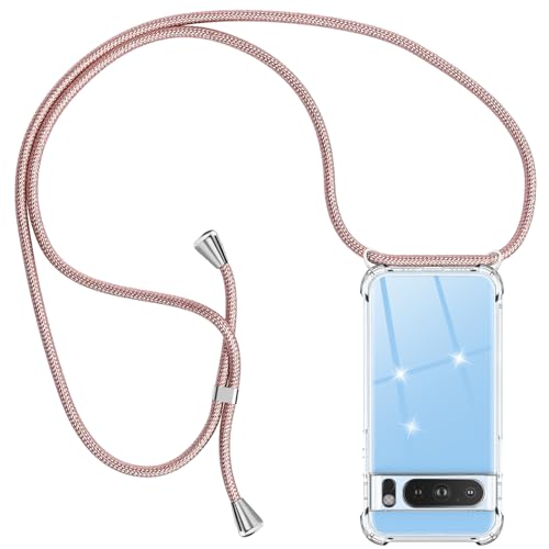 Ptny Handykette Hülle Durchsichtige kompatibel mit Google Pixel 8 pro Hülle mit Band zum Umhängen, Handyhülle Dünn Stoßfest Silikon Transparent Hülle mit Kette Google Pixel 8 pro, Roségold von Ptny