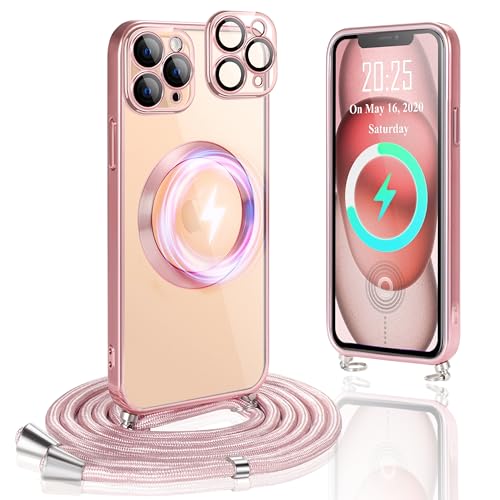 Ptny Handykette Hülle kompatibel mit iPhone 11 Pro Hülle mit Band zum Umhängen, (Mit Integrierter Kameraschutz) Kompatibel mit MagSafe Kabellosem Laden, Weiche TPU Clear Schutzhülle, Roségold von Ptny