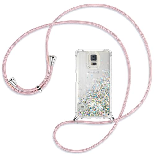 Ptny Handykette kompatibel mit Samsung Galaxy S5 Smartphone Necklace Hülle mit Band, Schnur mit Case zum umhängen Stylische Kordel Kette, Kristallklare Handyhülle zum Umhängen in Roségold von Ptny