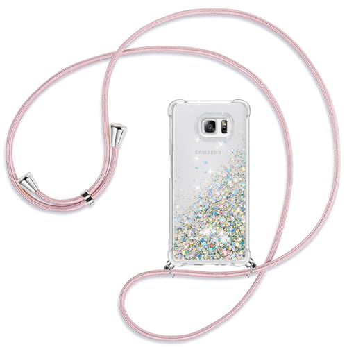 Ptny Handykette kompatibel mit Samsung Galaxy S6 Smartphone Necklace Hülle mit Band, Schnur mit Case zum umhängen Stylische Kordel Kette, Kristallklare Handyhülle zum Umhängen in Roségold von Ptny