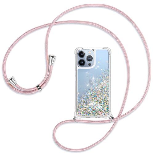 Ptny Handykette kompatibel mit iPhone 13 Pro, Glitter Flüssig Bewegende Treibsand Schutzhülle, stoßfest TPU Bumper Silikon case, Verstellbarer Smartphone Necklace Hülle mit Band, Roségold von Ptny