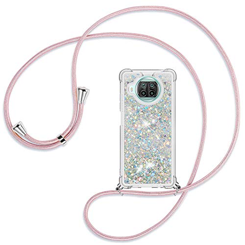 Ptny Hülle Glitzer Handykette kompatibel mit Xiaomi Mi 10T lite 5G - Smartphone Necklace Treibsand Flüssig-Glitzer Hülle mit Band - Schnur zum umhängen Back Cover mit Glitter Flüssigkeit, Roségold von Ptny