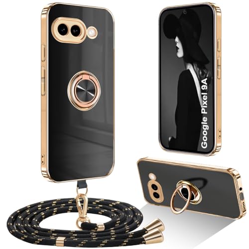 Ptny Hülle kompatibel mit Google Pixel 9A Hülle mit Band, Dünn Stoßfeste Handyhülle mit Ring Ständer Handy mit Kette für Google Pixel 9A Schutzhülle Case, Schwarz von Ptny