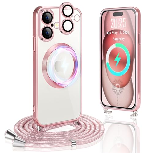 Ptny Hülle kompatibel mit iPhone 16 Hülle mit Band zum Umhängen, (Mit Integrierter Kameraschutz) Kompatibel mit MagSafe Kabellosem Laden, Weiche TPU Clear Schutzhülle, Roségold von Ptny