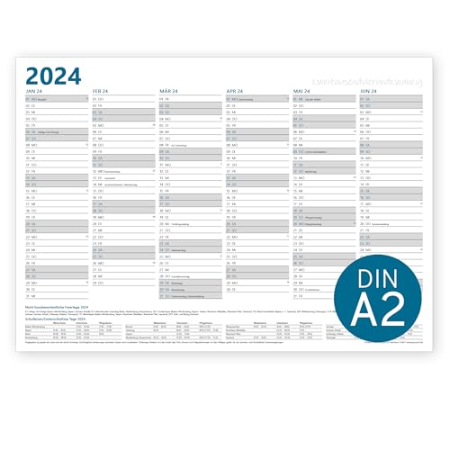 Jahresplaner 2024 Wandkalender | DIN A2 oder DIN A3 Querformat | gefaltet | 12 Monate Jahreskalender Vorder- und Rückseite mit Ferien und Feiertage (DIN A2) von PuK Krämmer GmbH