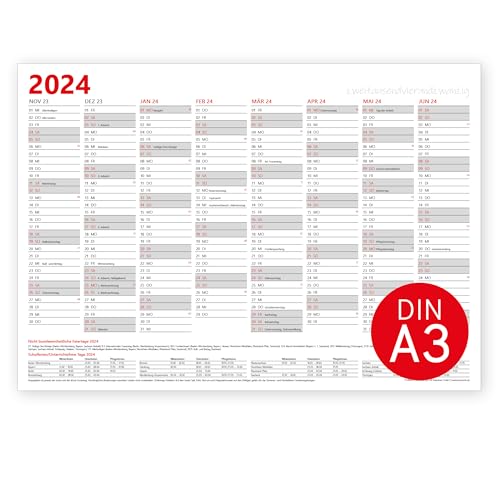 Jahresplaner 2024 Wandkalender | DIN A2 oder DIN A3 Querformat | gefaltet | 16 Monate Jahreskalender Vorder- und Rückseite mit Ferien und Feiertage (DIN A3) von PuK Krämmer GmbH