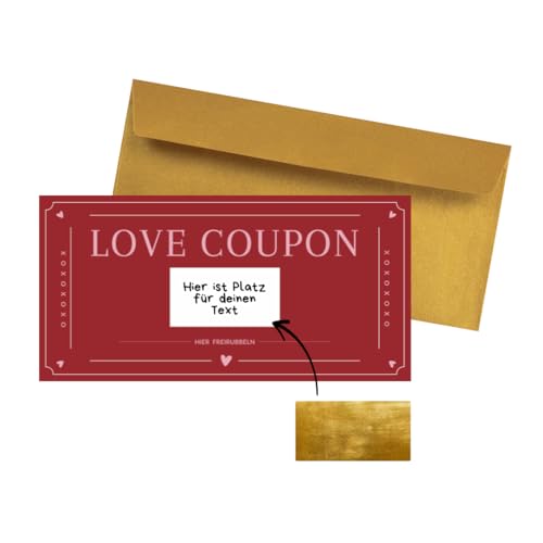 PuK Love Coupon zum selber ausfüllen mit Rubbelaufkleber | Rubbelkarte zum selbst beschriften | Geschenk für Valentinstag Geburtstagskarte Jahrestag Liebe Rubbelkarte Überraschung Gutschein (Rot) von PuK Krämmer GmbH