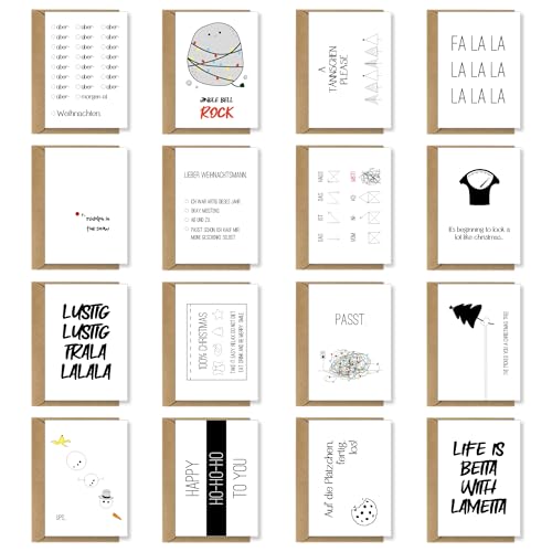 PuK Weihnachtskarten Set mit Umschlägen | 16 Weihnachtskarten DIN A6 | Lustige Postkarten mit weihnachtlichen Motiven | Weihnachtskarten-Set schlicht und lustig | schöne Weihnachtspostkarten von PuK Krämmer GmbH