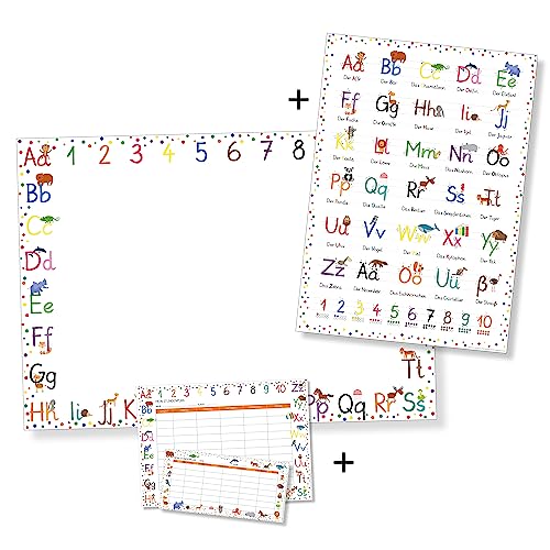 Set mit Schreibtischunterlage DIN A2 + Stundenpläne (5x DIN A4 + 5x Federmäppchengröße) + Plakat DIN A2 | 1 Set | Papier | Kinder Geschenk Malen Schreiben Lernen (ABC-Set) von PuK Krämmer GmbH