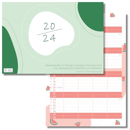 Wandkalender 2024 | Familienplaner mit 4 Spalten | 12 Monatskalender mit Feiertagen | Ferienübersicht | Jahresübersicht 2024/2025 zum Abtrennen | Recyclingpapier (2023 | 1er Pack) von PuK Krämmer GmbH
