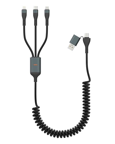 Spiralkabel 100W USB C Multi Ladekable 3 in 1 Ladekabel Samsung Schnellladekabel - [50CM - 3M] Universal Einziehbar Ladekabel 3 in 1 Schnellladekabel, USB C + USB auf Typ C Lightning Micro USB Kabel von Pubiohs