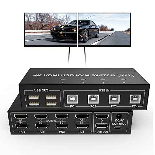 4 Port KVM Switch Dual Monitor HDMI 4K 60Hz, KVM Switch 2 Monitore 4 Computer mit 4 USB 2.0 Hub, Dual Monitor HDMI KVM Switch Keyboard Mouse Switcher von Pubiohs