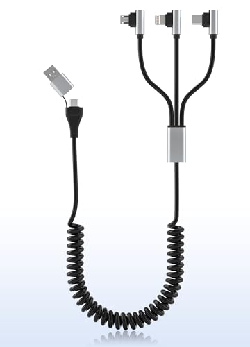 90 Grad Winkel Spiralkabel Multi Ladekabel USB C und iPhone 2 in 1 - USB A/USB C auf Mehrfach Kabel Lightning [mit CarPlay & Daten] + Typ C + Micro USB, für iPhone 15, Samsung, Android Telefon von Pubiohs