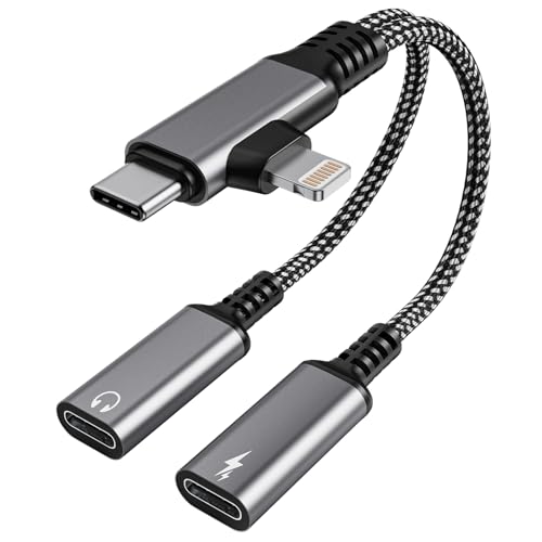 USBC Kopfhörer Adapter und Laden - USB C Splitter 1 zu 2, USB C Y Kabel Kopfhörer Adapter und 60W Laden mit Telefonie-Funktion, Typ C & Lightning Stecker auf Doppel Typ C Buchsen Verteiler für iPhone von Pubiohs