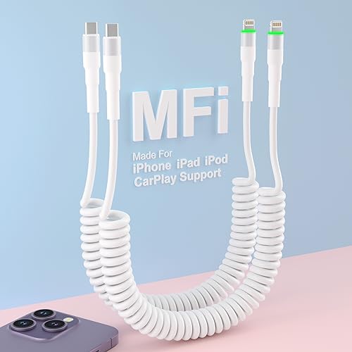 Spiralkabel USB C auf Lightning Kabel, CarPlay Kabel USB C iPhone Ladekabel mit Datenübertragung, Kurz Einziehbares MFi Zertifiziert Spiral Auto Kabel für iPhone 14 13 12 11 8 XS XR iPad, 2 Pack von Pubiohs