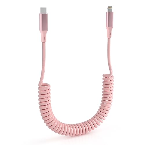 Spiralkabel USB C auf Lightning Kabel MFi Zertifiziert für iPhone/iPad/iPod/Apple CarPlay, Spiral USB-C iPhone Ladekabel PD 27W Schnellladung mit Datenübertragung Kurz Einziehbar, Rosa von Pubiohs