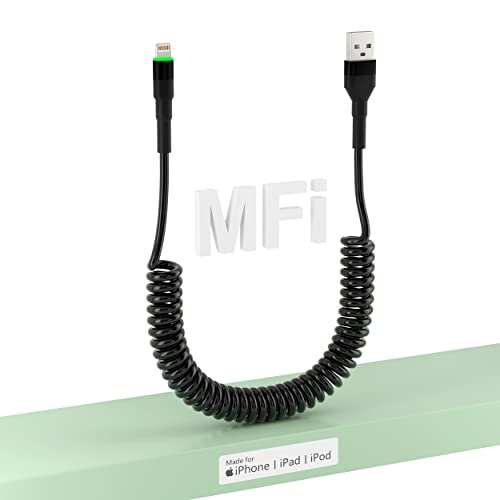 Spiralkabel USB zu Lightning Kabel MFi Zertifiziert für iPhone/iPad/iPod/Apple CarPlay, Kurz Einziehbar USB iPhone Ladekabel PD Schnellladung und Übertragungsdaten mit LED Leuchten von Pubiohs