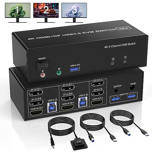 USB 3.0 HDMI + 2 DisplayPort KVM Switch 3 Monitore 2 Computer, 4K@60Hz Triple Monitor KVM Switch 2PC 3 monitore mit 3 USB 3.0 Ports und Audio Mikrofon, Tastatur Maus Umschalter von Pubiohs