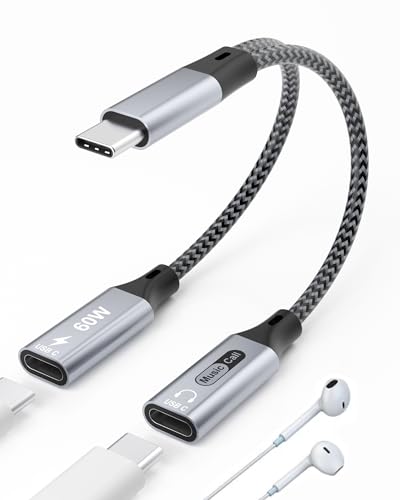 USB C Splitter USB C auf Dual USB C Kopfhörer Adapter und Laden 2 in 1 Typ C Verteiler PD 60W Schnellladung und Aux Audio Kabel, für iPhone 15/ Samsung/Pixel/Android Telefon/Laptop von Pubiohs