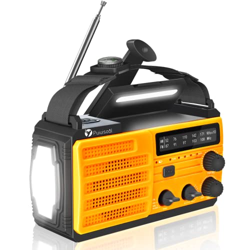 Notfall-Handkurbel-Radio, 4000 mAh, tragbares Solar-Radio mit Bewegungsmelder, 3-Gang-LED-Taschenlampe, SOS-Alarm, Handy-Ladegerät, AM/FM (Orange2) von Puiuisoul